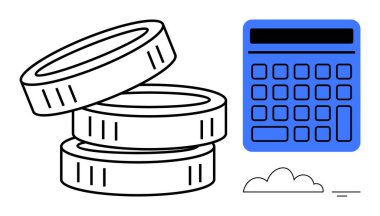 Mavi hesap makinesinin yanında madeni para yığını, finansal yönetim, bütçe ve yatırımı vurguluyor. Finans, muhasebe, ekonomi, tasarruf stratejisi maliyet analizi için idealdir. Düz basit