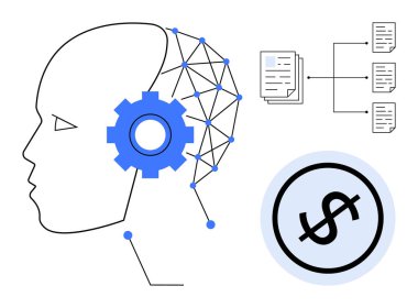 Sinir ağı ve donanıma sahip insan kafası, veri akışı diyagramı ve yapay zeka teknolojisini temsil eden dolar işareti. Otomasyon, veri analizi, yenilik, finans, karar verme, üretkenlik için ideal