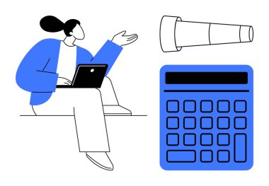 Keşif, analiz ve bütçe hesaplama için dizüstü bilgisayar, teleskop ve hesap makinesi kullanan bir kadın. Planlama, strateji, iş eğitimi yeniliği finansal yönetim başlangıç fikirleri için idealdir. Düz basit