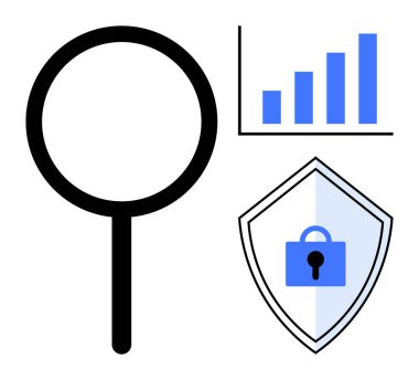 Büyüteç, bar çizelgesi ve güvenliği vurgulayan bir kilit ikonuyla kalkan. Analiz, veri koruması, siber güvenlik, araştırma, büyüme izleme, güvenli erişim ve bilişim güvenliği için ideal