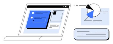Çizelgeler, metin kutuları ve diyagramlarla kullanıcı arayüzünü gösteren dizüstü bilgisayar. Elementler analizi, işbirliğini, bilgi alışverişini, web uygulamalarını, UX tasarımını vurgular. Veri analizi için ideal