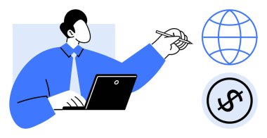 İşadamı, dünya ve dolar kavramlarının yanında dizüstü bilgisayar ve kalem kullanıyor. Analiz, finans, küresel ekonomi, iş stratejisi, çevrimiçi çalışma, karar verme, düz metafor için ideal