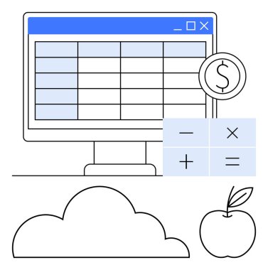 Hesap tablosu arayüzü, hesaplama işaretleri, bulut ve elmayla monitörde. Finans, analitik, teknoloji, eğitim, verimlilik depolama için ideal sağlıklı yaşam tarzı. Düz basit metafor