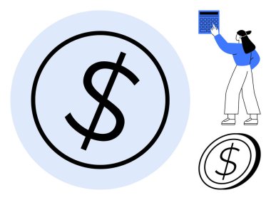 Elinde hesap makinesi olan, mali planlama, bütçe, para yönetimi ve muhasebeyi sembolize eden bir kadının yanında büyük bir dolar sembolü. Finans, ekonomi, tasarruf ve yatırım için ideal