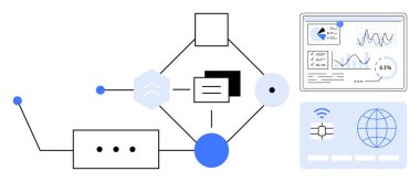Veri akışı birbiriyle bağlantılı düğümler, grafik analizleri, küresel ağ simgesi ve devreler tarafından temsil edilir. Teknoloji, veri görselleştirme, yenilik, işbirliği, araştırma bilişim için ideal