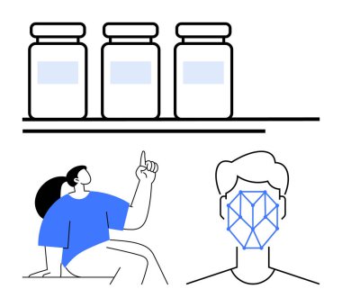 Raftaki ilaç şişeleri, yukarı bakan insanlar, geometrik yüz tanıma sistemi. Sağlık, yapay zeka, biyometri, ilaç araştırmaları, makine eğitimi, sağlık hizmetleri yeniliği için ideal