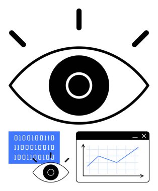 Göz ikili kodla çevrili, yukarı doğru grafikler, ve küçük göz ikonu analitiği, izlemeyi, ilerlemeyi sembolize ediyor. Teknoloji, veri içgörüsü, siber güvenlik, yenilik araştırması için ideal