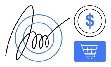 Çevrimiçi ödemeleri, anlaşmaları ve e-ticaret güvenliğini vurgulayan eş merkezli çemberlerde dijital imza, dolar sikke ve alışveriş arabası ikonu. Finans, sözleşmeler, alışveriş, pazarlama için ideal