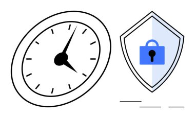 Cesur elli saat ve mavi kilitli kalkan zaman yönetimi ve güvenliği sembolize ediyor. Üretkenlik, verimlilik, siber güvenlik, koruma, veri gizliliği, istikrar, son teslim tarihi yönetimi için ideal