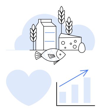 Süt kutusu, peynir, balık, yumurta, buğday sapları ve artan bir gıda endüstrisi artışını gösteren çizelge. Beslenme, tarım, sürdürülebilirlik, pazar eğilimleri, sağlık sektörü ekonomisi için ideal