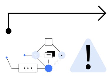 Doğrusal ok, birbirine bağlı elementlerle iş akışı diyagramı ve kritik uyarıyı simgeleyen alarm üçgeni. Proje yönetimi, otomasyon, sistem akışı, karar verme ve risk uyarısı için ideal