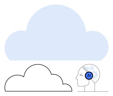 Kalın hatların yanında yapay zeka insan kafası ve yapay zekayı, teknolojik entegrasyonu ve veri alışverişini vurgulayan mavi bulut simgeleri. Teknoloji, yenilik, bulut hesaplama, yapay zeka, bağlantı, ağ kurmak için ideal