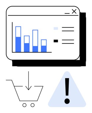 Analitik gösterge paneli, bar çizelgesi, alışveriş arabası ve dikkat üçgeni. Veri izleme, çevrimiçi alışveriş riskleri, iş analizi, sistem uyarıları, veri güdümlü işlemler, pazarlama için ideal
