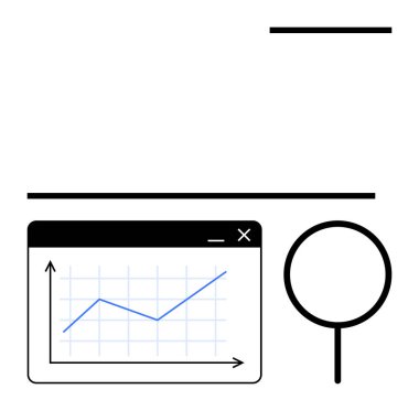 Tarayıcı penceresindeki çizgi çizelgesi, büyüteçle veri araştırmalarını, izleme eğilimlerini, içgörü keşiflerini temsil ediyor. İş, analitik, strateji, büyüme, istatistik, araştırma teknolojisi için ideal