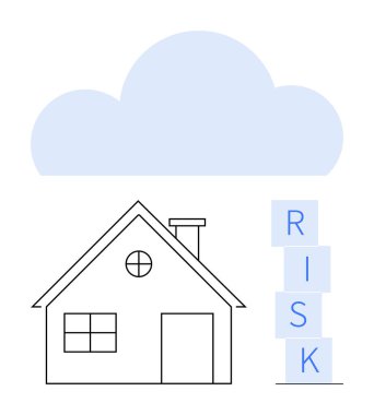 Evin üzerinde bulut ve engeller var. RİSK, ev güvenliğini, risk yönetimini, hava tehlikelerini çağrıştırıyor. Sigorta, iklim değişikliği, felakete hazırlık, güvenlik, emlak, soyut çizgi için ideal