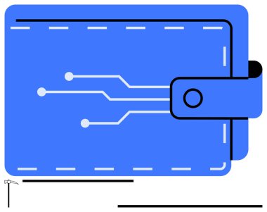 Devre çizgileri ve kayışı olan mavi cüzdan, dijital depolamayı temsil ediyor. Kazma kripto para birimini vurguluyor. Finans, yatırım, ödeme, güvenlik, engelleme zinciri ve teknoloji yeniliği için ideal