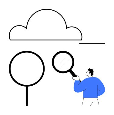 Adam bulutların, lenslerin ve çizgilerin soyut çizimlerinin yanında büyüteç de tutuyor. Araştırma için ideal, bulut hesaplama, analiz, keşif, odaklanma, keşif dairesi