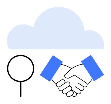 Bulutların altında, işbirliğini, veri paylaşımını, takım çalışmasını, şeffaflığı ve anlaşmayı sembolize eden bir büyüteçle tokalaşmak. İş, ağ, ortaklık, teknoloji bulutu için ideal