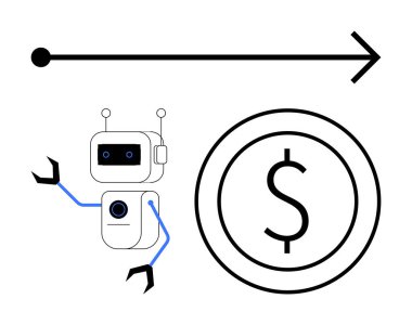 Paraya yakın kollarını açan robot ilerleyişi, teknolojiyi ve finansal büyümeyi sembolize ediyor. Yapay zeka, yenilik, tasarruf, fintech, verimlilik yatırımı için ideal