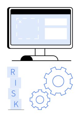 Masaüstü monitörü, yığılmış risk blokları, vites göstergesi. Strateji, problem çözme, iş akışı planlaması, yönetim, takım çalışması, otomasyon soyut metaforu için ideal