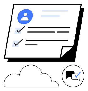 Kontrol listesi, kontrol işaretleri, bulut çizgisi ve iletişim baloncuğu olan profil sayfası. Üretkenlik, proje yönetimi, çevrimiçi profiller, takım çalışması, bulut depolama görevi için ideal