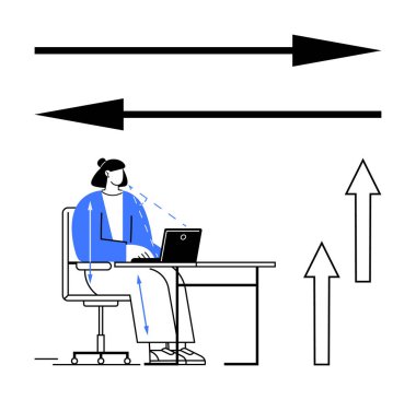 Masada yazan bir kadın, dizüstü bilgisayarı açık, etrafındaki oklar yönü, verimliliği ya da odaklanmayı gösteriyor. Üretkenlik, büyüme, organizasyon iş akışı çoklu görev planlama veya başarı için idealdir. Düz basit