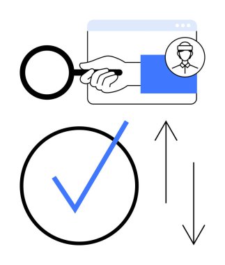 Büyüteç, tarayıcı penceresi, büyük kontrol işareti ve dikey oklar içinde kullanıcı profilini araştırır. Arama, işe alma, değerlendirme, navigasyon, onay süreci için ideal. Düz