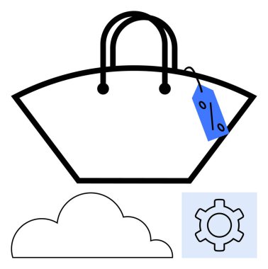 Üzerinde mavi indirim etiketi, bulut ve vites simgesi olan minimalist alışveriş çantası. Perakende satış, indirim, e-ticaret, alışveriş, teknoloji çözümleri ve yenilik için ideal. Düz basit metafor