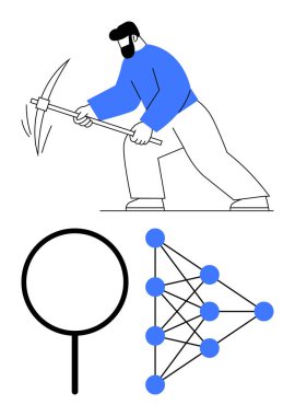 Kazmalı adam madenciliği kavramsal olarak veri madenciliğini yansıtıyor, yanında da nöral ağ yapı şeması var. Teknoloji, yapay zeka, veri analizi, yenilik, bilim, araştırma ve bilgi için ideal