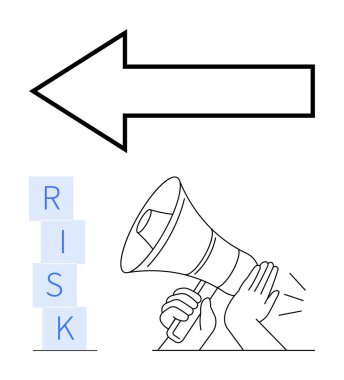Sol taraftaki büyük ok uçları, megafonu tutan eller istiflenmiş risk bloklarının yakınındaki mesajı güçlendiriyor. Strateji, iletişim, karar verme, risk yönetimi, liderlik, farkındalık, soyut çizgi için ideal