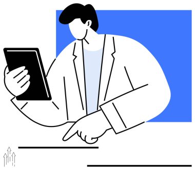 Adam çizgilere işaret ederken tableti tutuyor. İnceleme, analiz ve planlamaya odaklanmayı öneriyor. İş stratejisi, veri incelemesi, eğitim, liderlik teknolojisi ekip çalışması için ideal. Düz