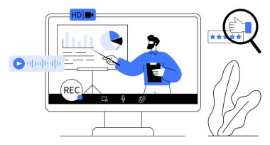 Sanal sunucu grafikleri kayıt, oynatma, değerlendirme, analitik ve reytinglerle video konferansı yoluyla açıklıyor. Uzak çalışma, e-öğrenme, eğitim, webinars geribildirim stratejisi için ideal