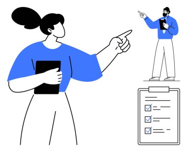 Elinde tablet tutan kadın, erkek raporunu sunuyor, tamamlanmış görevleri olan kontrol listesi. Takım çalışması, proje yönetimi, liderlik, koçluk, üretkenlik, iletişim için ideal basit