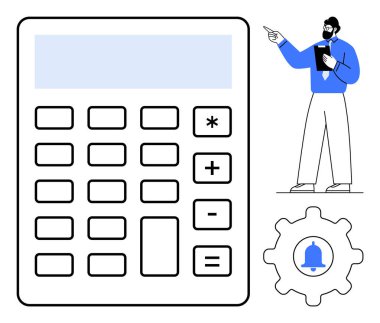 Aritmetik sembollü dev hesap makinesi, uyarı zilli dişli simge ve elinde pano olan işadamı. Finans, muhasebe, bütçe, analiz, üretkenlik ve planlama için ideal