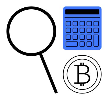Hesap makinesi, Bitcoin işareti, analiz, engelleme teknolojisi, finansal işlemler, veri soruşturması, dijital ekonomi, kripto para birimi ve fintech kavramlarının yanında büyüteç. İdeal