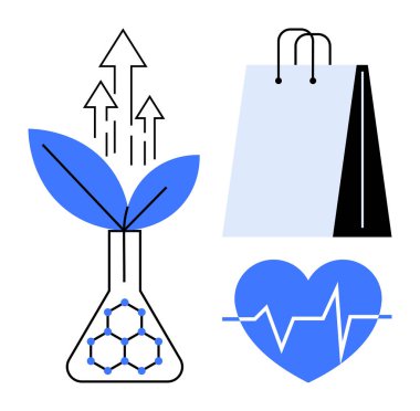 Laboratuvar matarasından filizlenen bitki yeniliği simgeliyor, alışveriş torbası, kalp ve EKG çizgisi. Sürdürülebilirlik, yenilik, çevre dostu büyüme, sağlık, tüketim, bilim için ideal