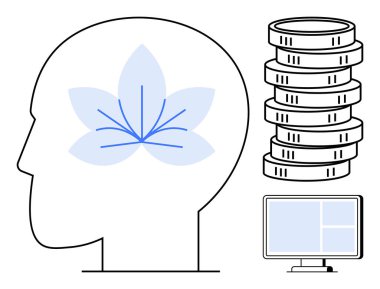 Çiçekli beyin sembollü profil başı, madeni para yığınları, ve altını çizme, yenilik, farkındalık, teknoloji, zihinsel sağlık, veri analizi ve dijital dönüşümü izleyin. Düz basit