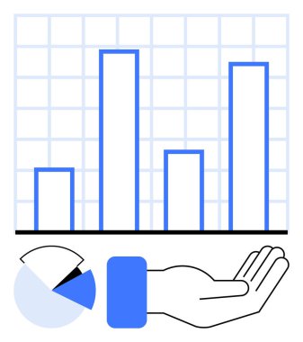 Grafik, veri analizini bir pasta grafiğinin üzerinde ve açık bir el üzerinde gösteriyor, destek ve sezgileri vurguluyor. Finans, büyüme, strateji, analitik, pazarlama, yenilik takım çalışması için idealdir. Düz basit