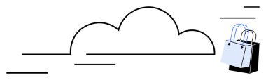 Basitleştirilmiş alışveriş torbalarına sahip bulut elementleri dijital teknoloji ve perakendecilik karışımı öneriyor. E-ticaret, çevrimiçi alışveriş, bulut depolama, teknoloji hizmetleri, dijital pazarlar, İnternet için ideal