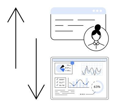 Kullanıcı profili ve analitik gösterge paneli arasındaki veri akışını gösteren oklar çizelgeler, grafikler ve metrikler. Veri entegrasyonu, kullanıcı yönetimi, analitik, yazılım, verimlilik ve raporlama için ideal