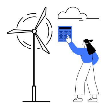 Arka planda minimum bulut olan rüzgâr türbininin yanında hesap makinesi kullanan bir kadın. Sürdürülebilirlik, yenilenebilir enerji, teknoloji, yenilik, çevre bakımı, çevre dostu