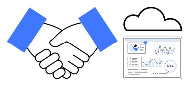 Ortaklığı, bulut simgesini ve grafik ve grafiklerle birlikte veri panelini temsil eden el sıkışma takım çalışmasını, teknoloji entegrasyonunu, analitiği ve büyümeyi vurguluyor. İş, teknoloji ve finans için ideal