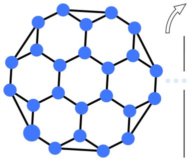 Geometrik moleküler kafes mavi düğümler ve siyah çizgiler ile küresel bir ağ oluştururken, yukarı doğru hareket veya ilerleme gösteren bir ok eşliğinde. Bilim, yenilik ve teknoloji için ideal.