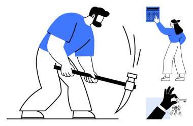 Kazma kullanan bir adam, mali durumları hesaplayan bir kadın ve el ele tutuşan bir anahtar. Sıkı çalışma, finansal planlama, kararlılık, emek, çaba, hedef başarısı için ideal düz bir metafor