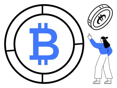Bitcoin logosu daire içinde, kadın işaret ediyor, bozuk para hareket ediyor. Kripto para birimi, engelleme zinciri, fintech, yatırım, dijital para birimi, merkezi olmayan finansal yenilik için ideal düz bir metafor