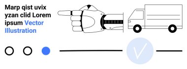 Robotik el teslimat kamyonunu işaret ediyor. Altta siyah-mavi, dairesel ve çizgi seçici göstergeler var. Teknoloji, lojistik, ekommerce, otomasyon, yapay zeka için ideal.