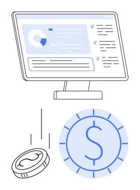 Bilgisayar monitörü, turta grafiği ve kontrol listesi ile finansal analiz panelini gösteriyor. Düşen para ve dolar ikonu mali planlama, yatırım, e-ticaret, muhasebe ve bütçe konularını vurguluyor