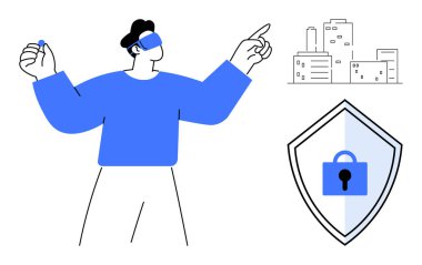 Dijital akıllı şehir modeli kalkanla asma kilit arasında bağlantı kurarken VR kulaklık kullanan kişi. Teknoloji, yenilik, sanal gerçeklik, siber güvenlik, akıllı şehirler, dijital koruma için ideal