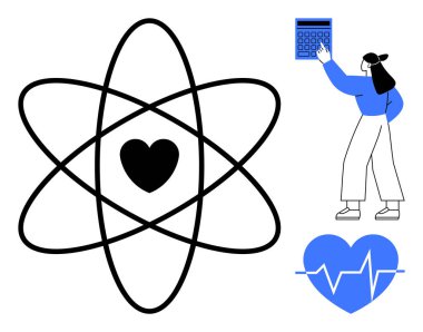 Kalp çekirdeği olan bir atom modeli, verileri hesaplayan bir kadın ve kalp atışı çizgisi olan bir kalp. Sağlık, bilim, sağlık, veri, öğrenme, araştırma teknolojisi için idealdir. Basit metafor.