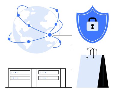 Bağlı noktaları olan bir dünya, sunucu veri merkezleri, kilitli bir güvenlik kalkanı ve bir alışveriş çantası. Siber güvenlik, e-ticaret, güvenli bağlantı, veri depolama, çevrimiçi alışveriş sitesi erişimi için ideal